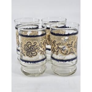 MCM 70s Blue & Gold Floral Print Juice Tumbler Glasses 4 Inches Vintage Retro